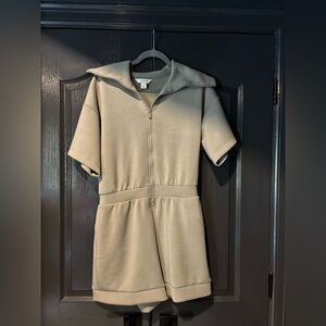 Beige Short Sleeve Zip-Up Romper